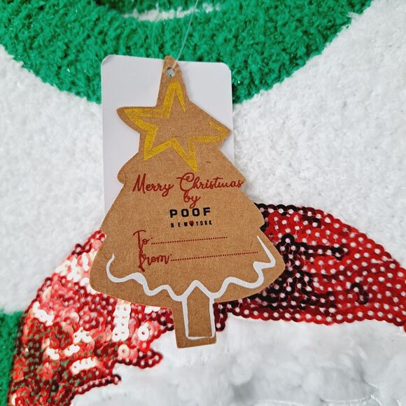 Merry Christmas by Poof Sweater Sz Medium Green White Sparkle Kitty Hat Bell NWT - Picture 6 of 16